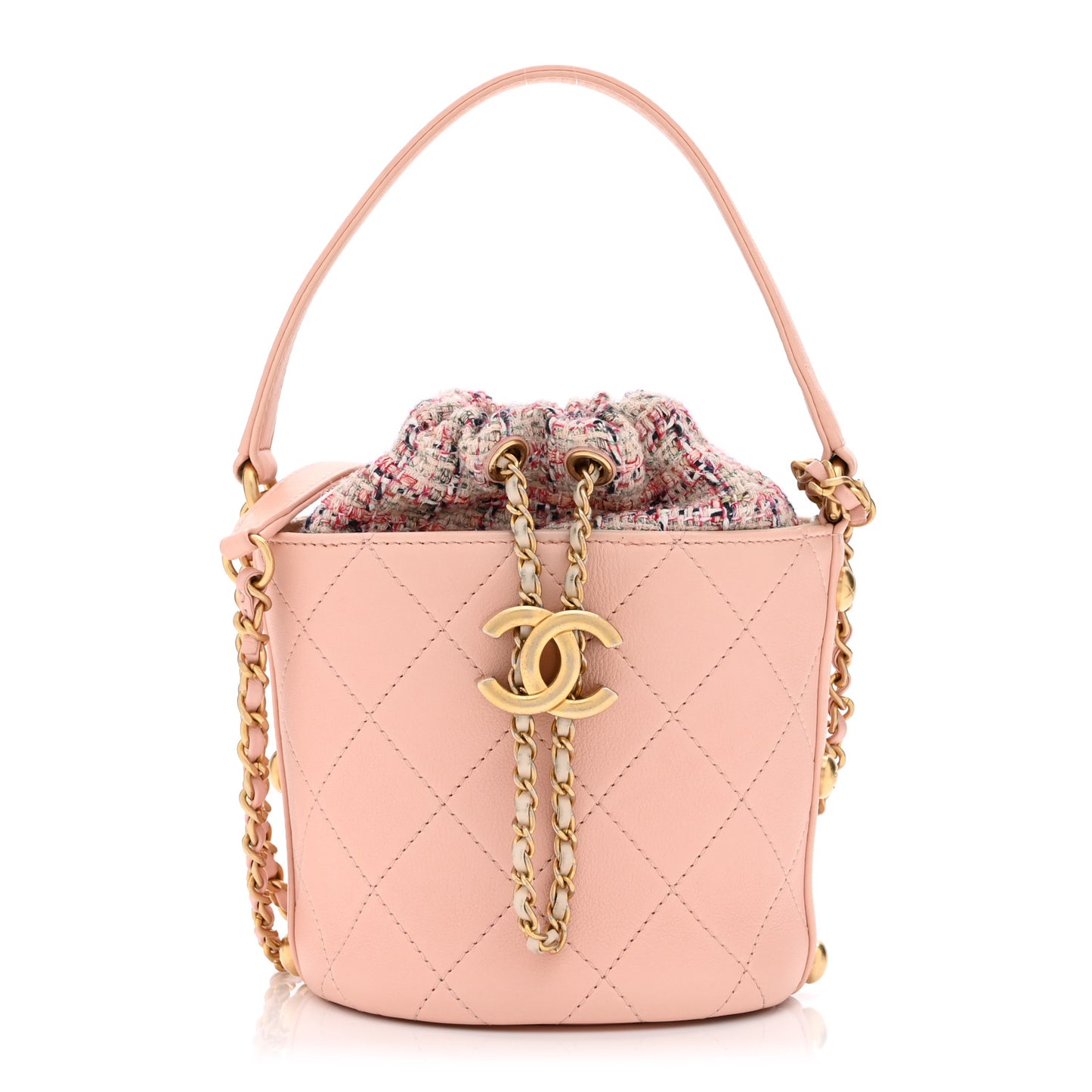 Calfskin Tweed Small CC Chain Bucket Drawstring Bag Light Pink