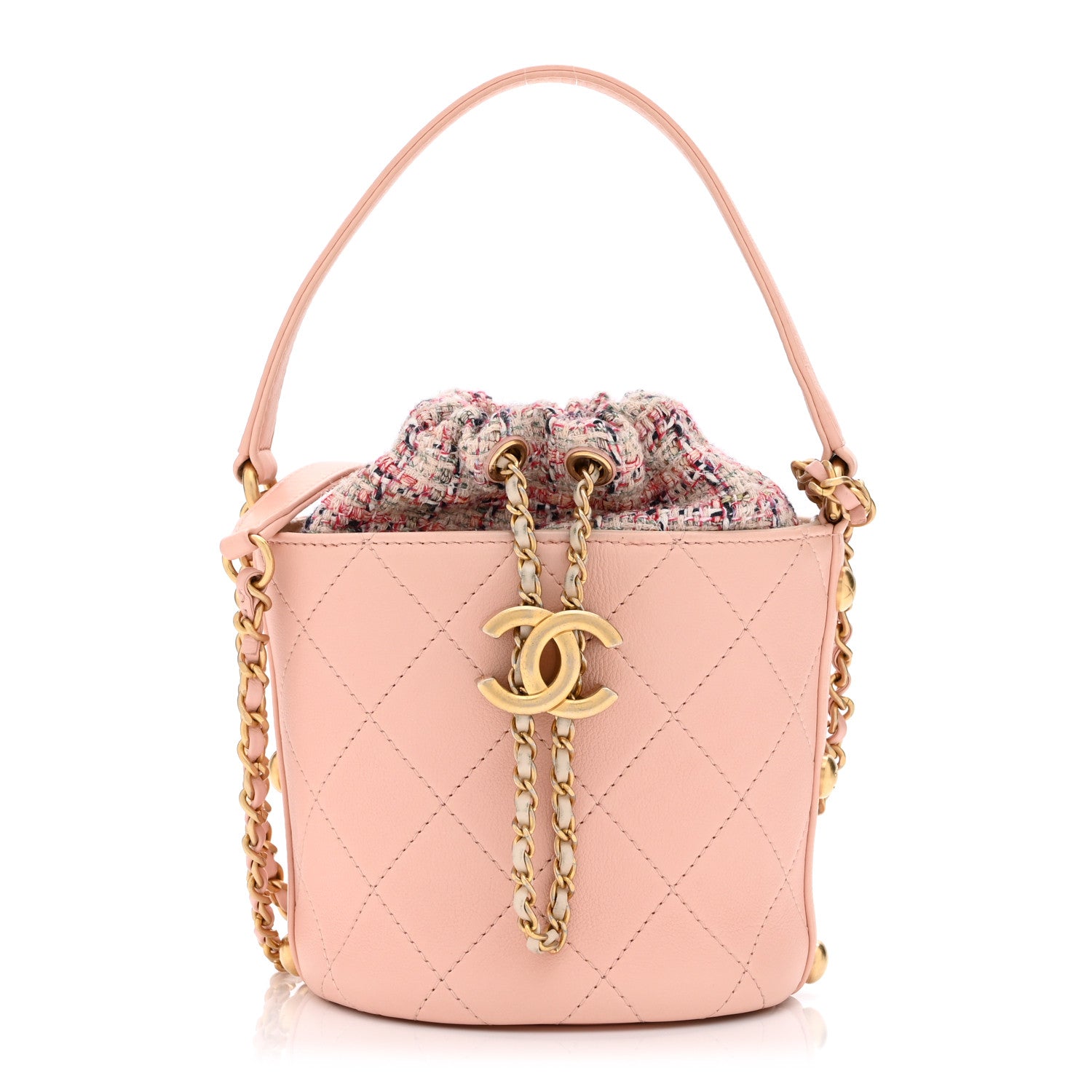 Chanel Calfskin Tweed Small CC Chain Bucket Drawstring Bag Light Pink 1 of 10