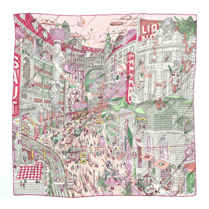Hermes Silk Le Grand Prix du Faubourg Scarf 90 Rose Menthol Gris Perle 1 of 5