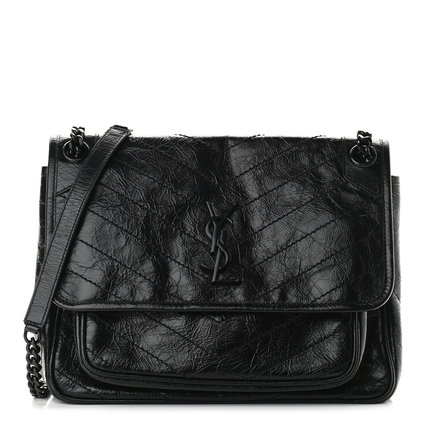 Crinkled Calfskin Matelasse Monogram Medium Niki Chain Satchel Black