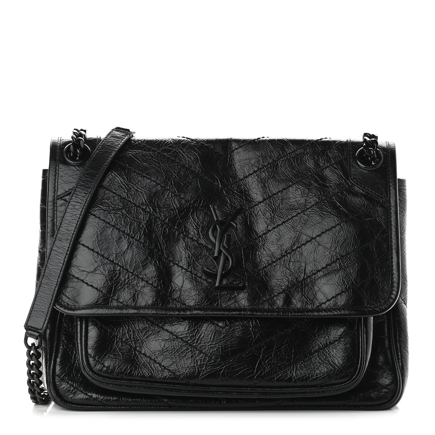 Saint Laurent Crinkled Calfskin Matelasse Monogram Medium Niki Chain Satchel Black 1 of 9