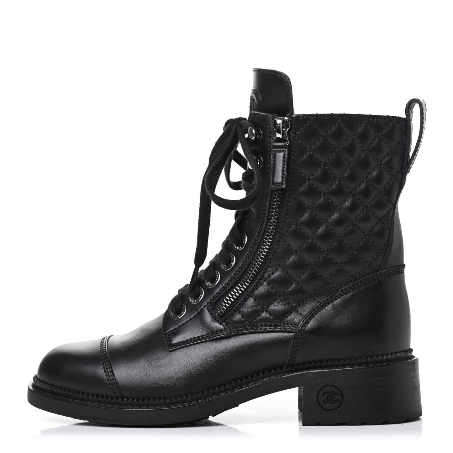 Calfskin Quilted Lace Up Combat Boots 36 Black