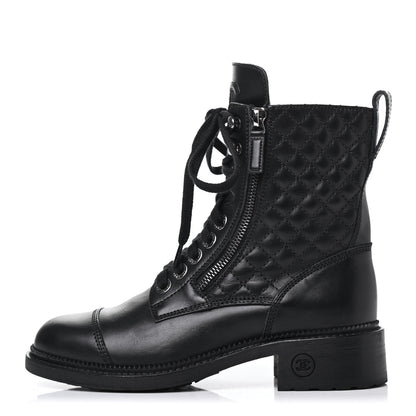 Chanel Calfskin Quilted Lace Up Combat Boots 36 Black 1 of 5
