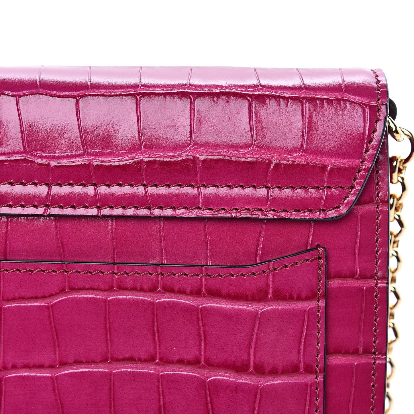 Calfskin Crocodile Embossed C Clutch With Chain Graphic Pink