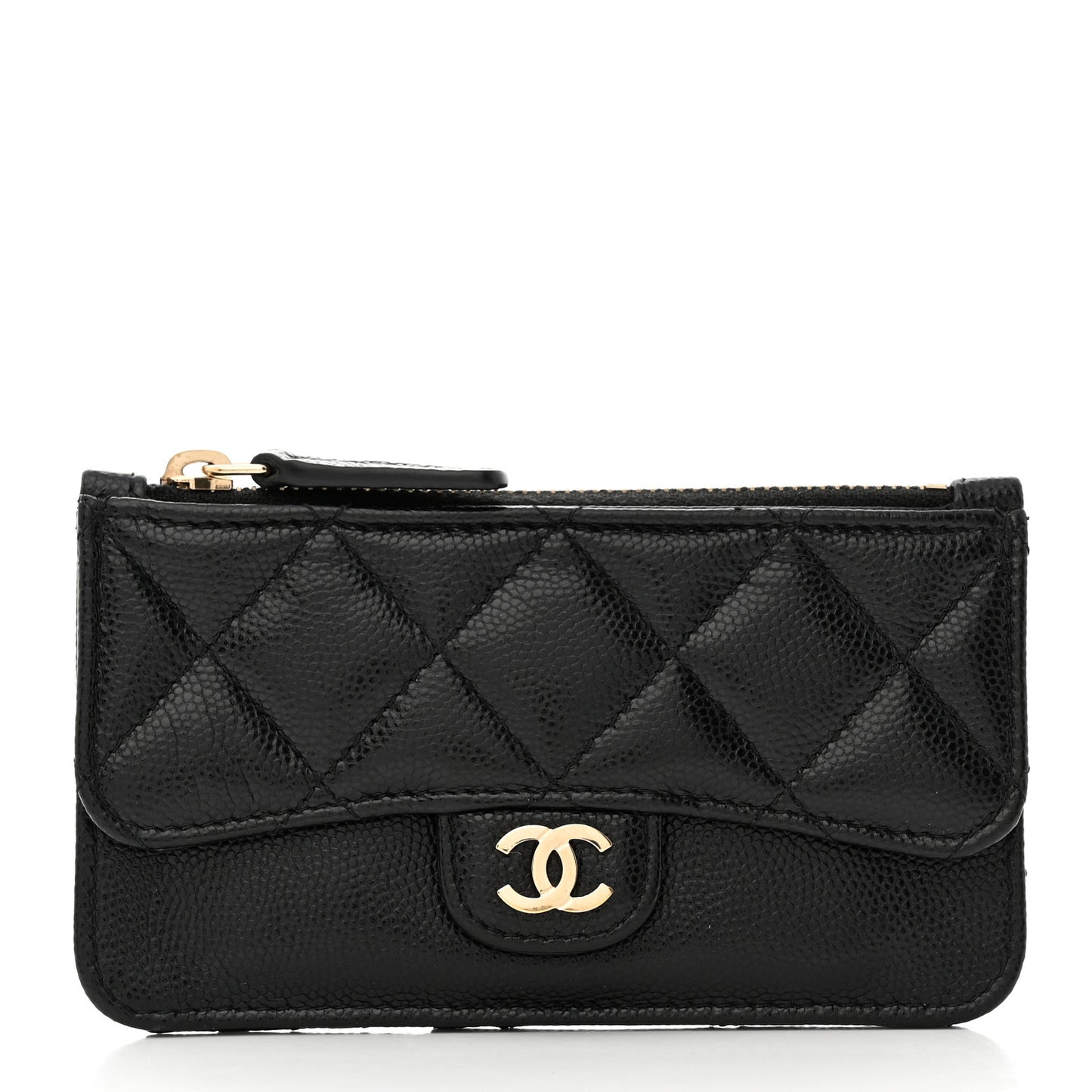 Caviar Quilted Flap Zip Card Holder Black