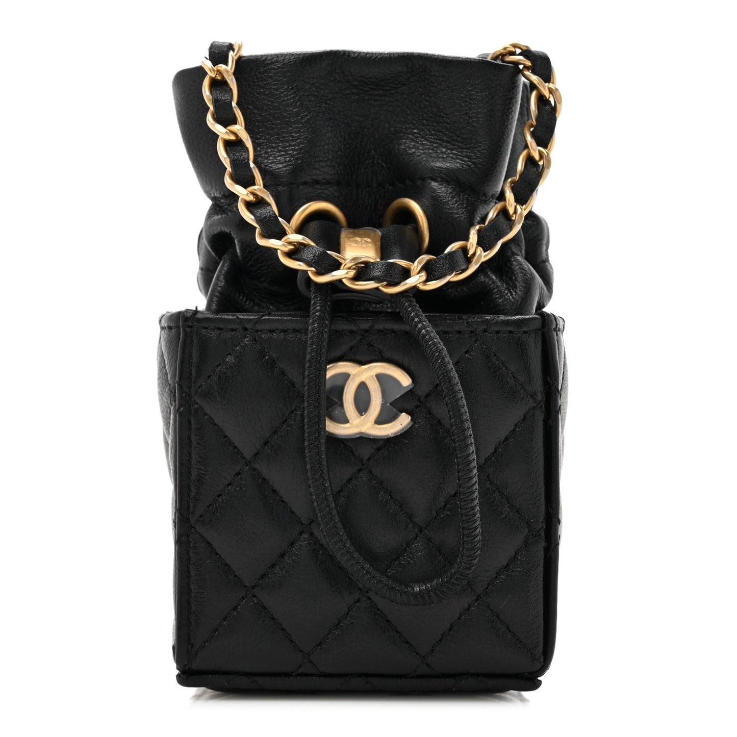 Calfskin Quilted Mini Drawstring Bucket Bag Black