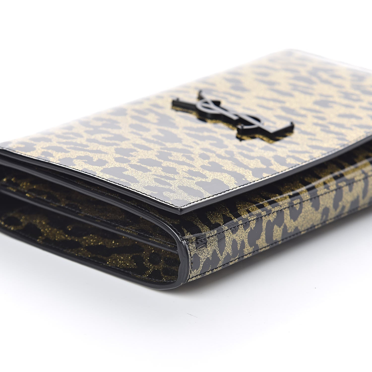 Saint Laurent Patent Leopard Print Monogram Chain Wallet Black Gold 8 of 11