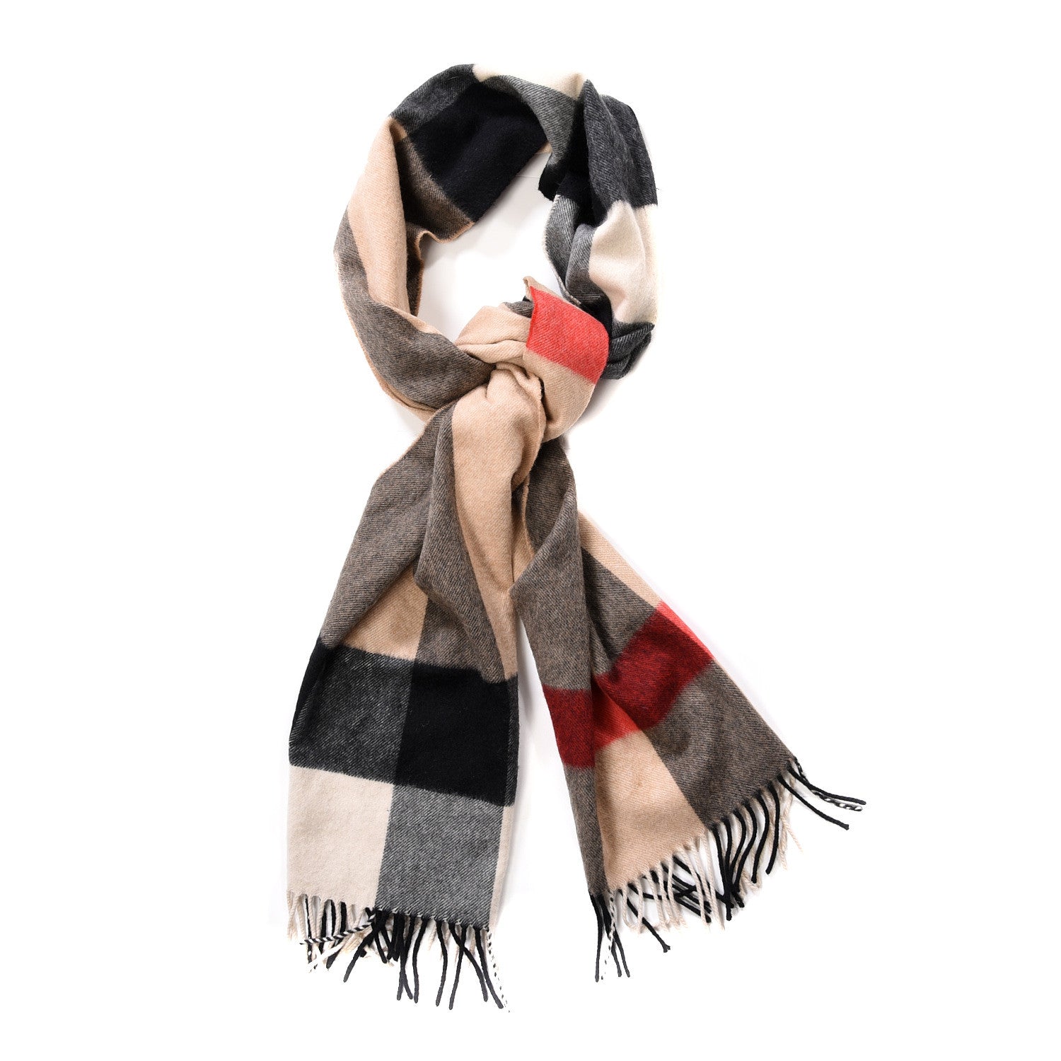 Burberry Wool Cashmere Giant Exploded Check Fringe Scarf Beige 1 of 4