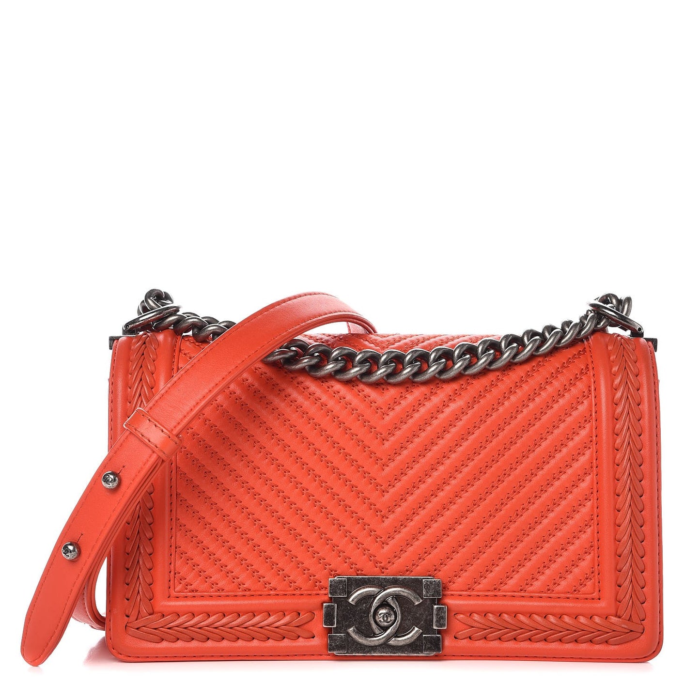 Calfskin Chevron Quilted Medium Braided Boy Flap Orange