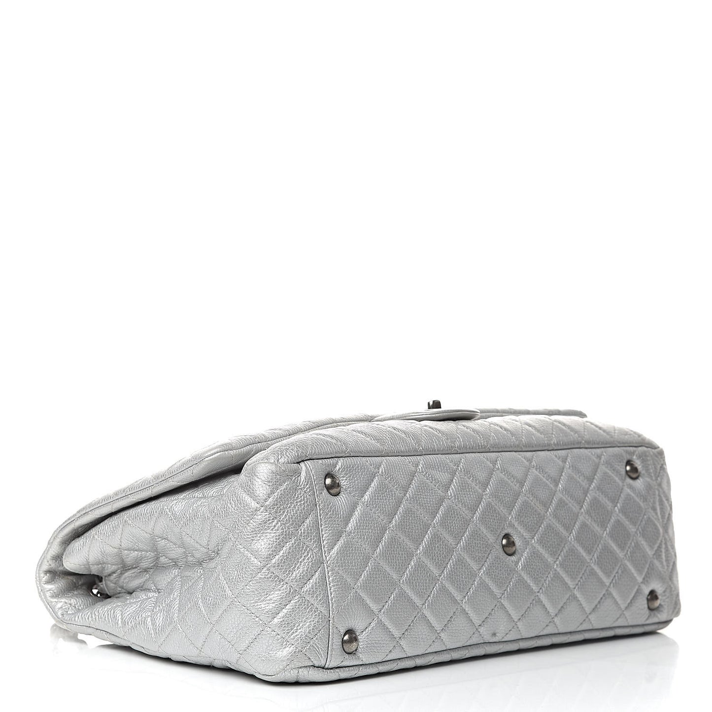 Metallic Calfskin Quilted XXL Travel Flap Bag Silver