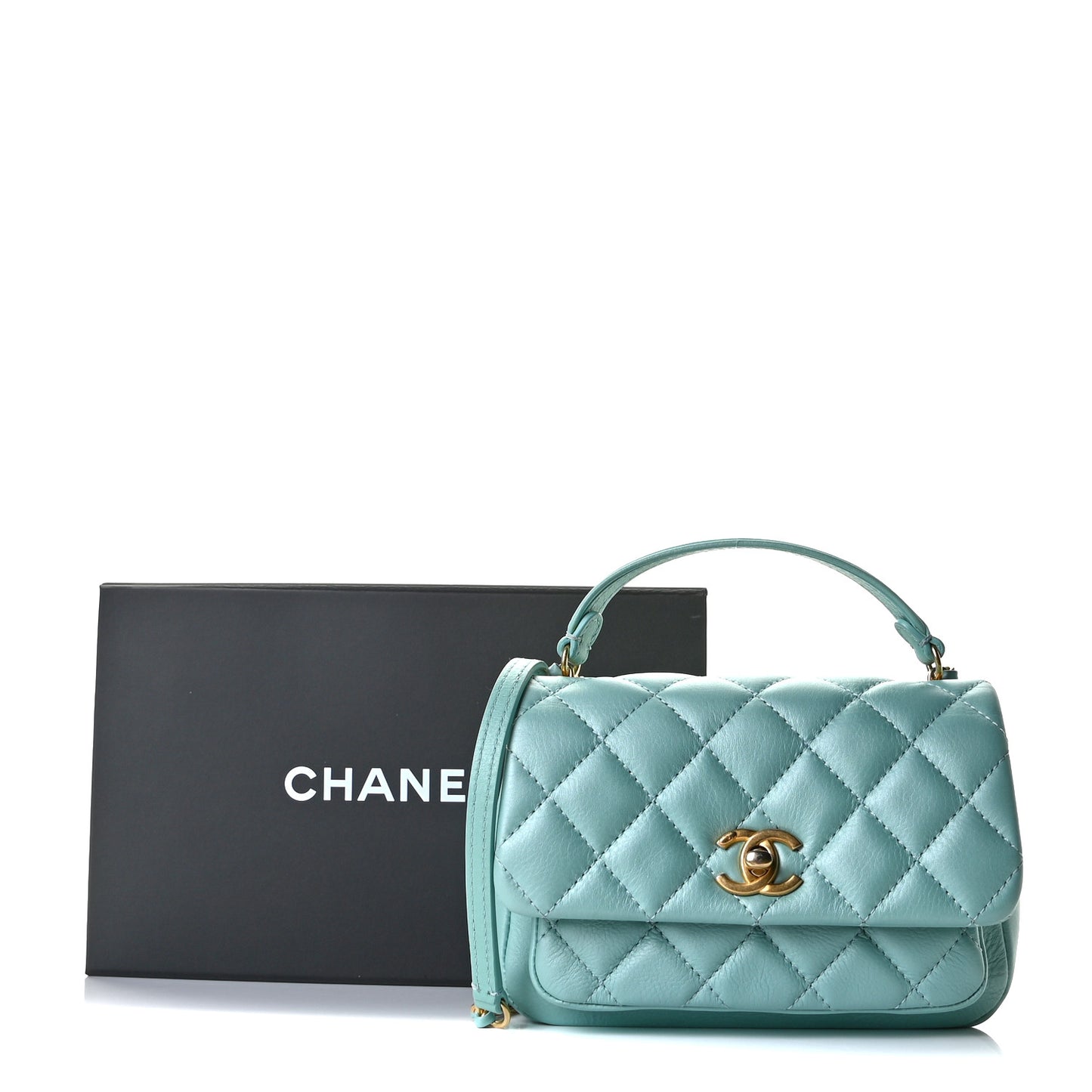 Calfskin Quilted Top Handle Flap Light Blue