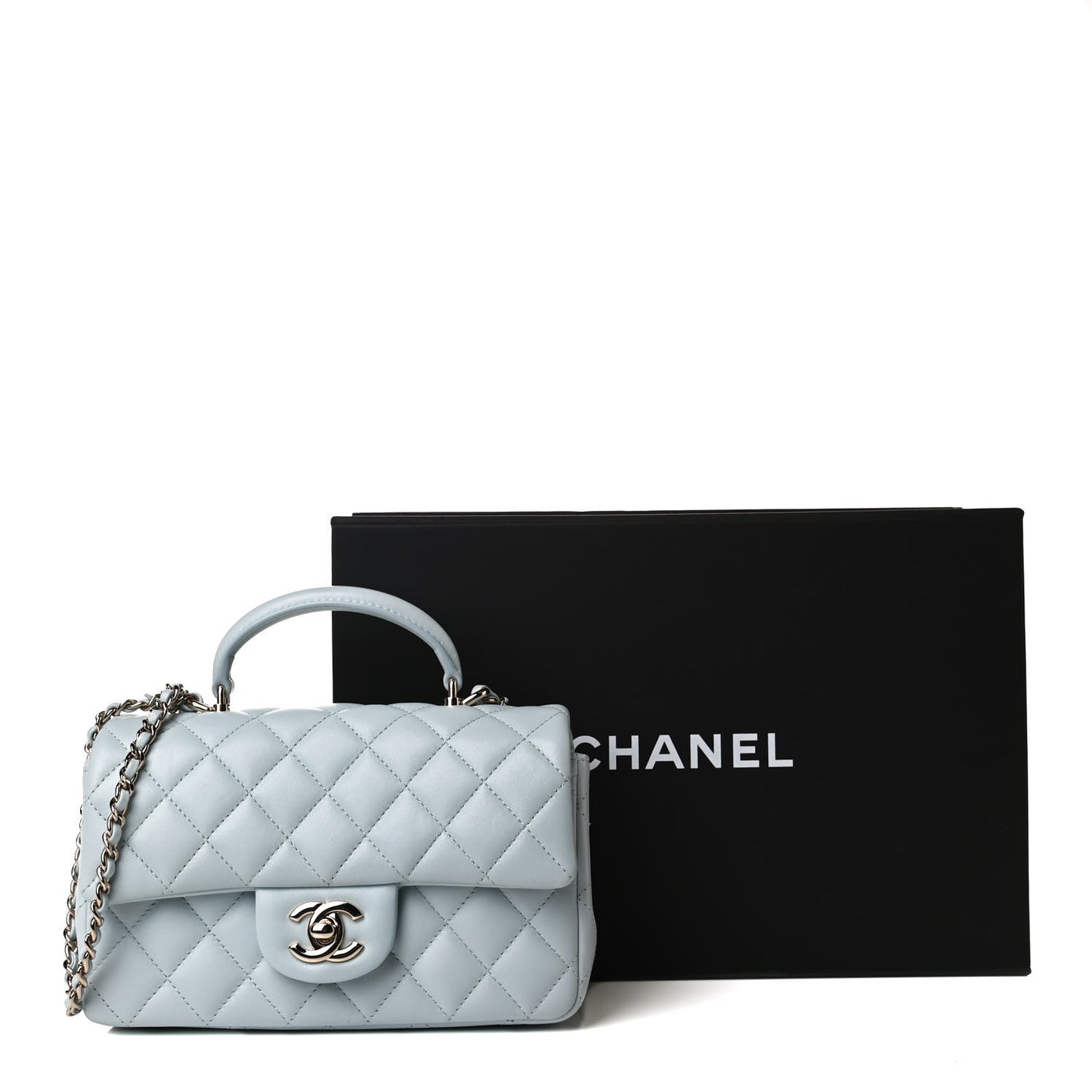 Lambskin Quilted Mini Top Handle Rectangular Flap Light Blue