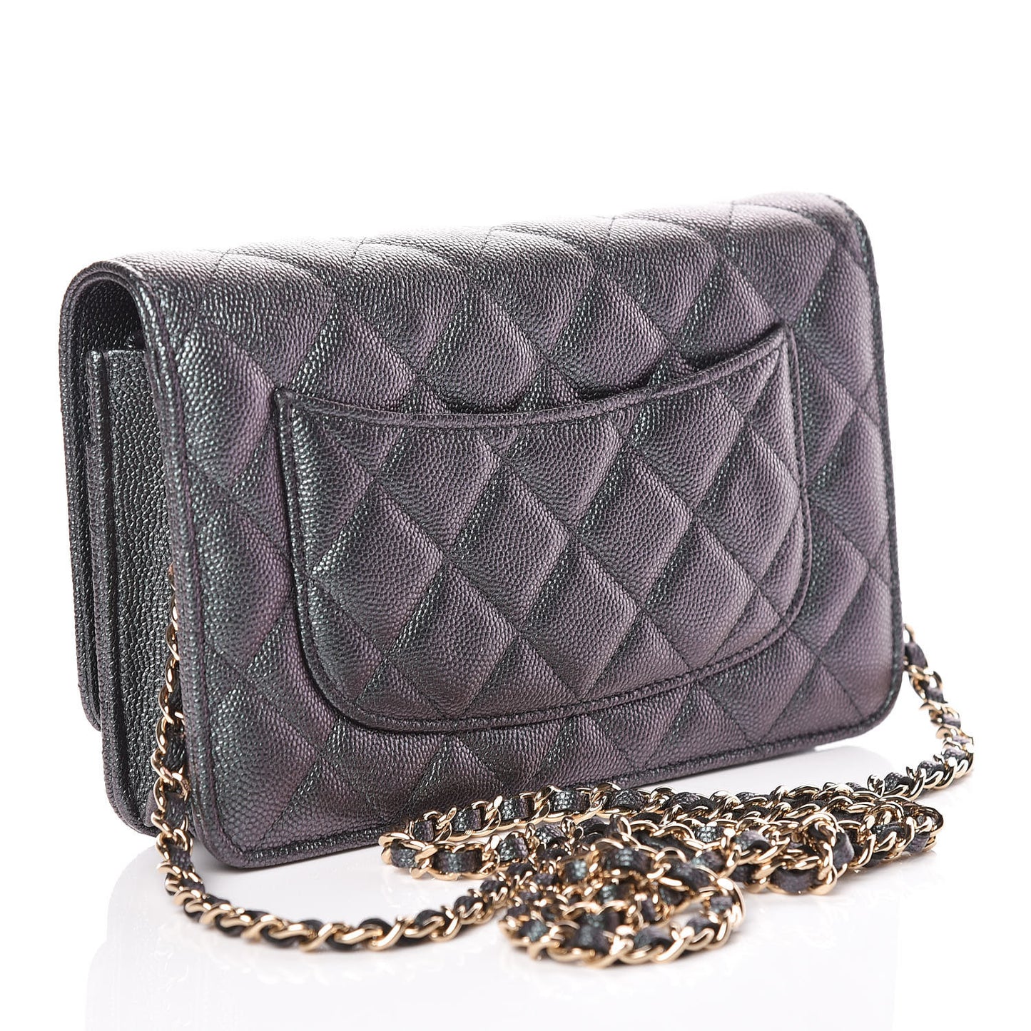 Iridescent Caviar Quilted Wallet On Chain WOC Black
