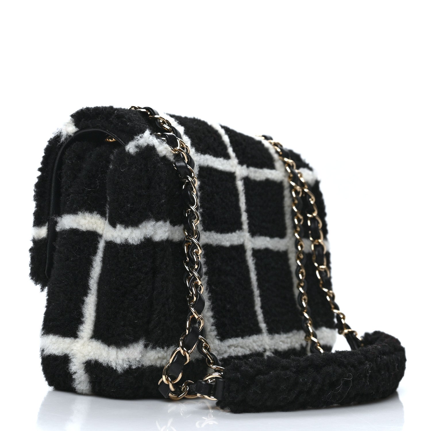 Chanel Shearling Lambskin Large Fluffy Tartan Single Flap Black White 3 of 11