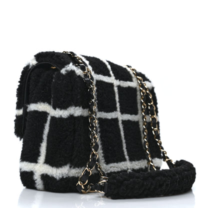 Chanel Shearling Lambskin Large Fluffy Tartan Single Flap Black White 3 of 11