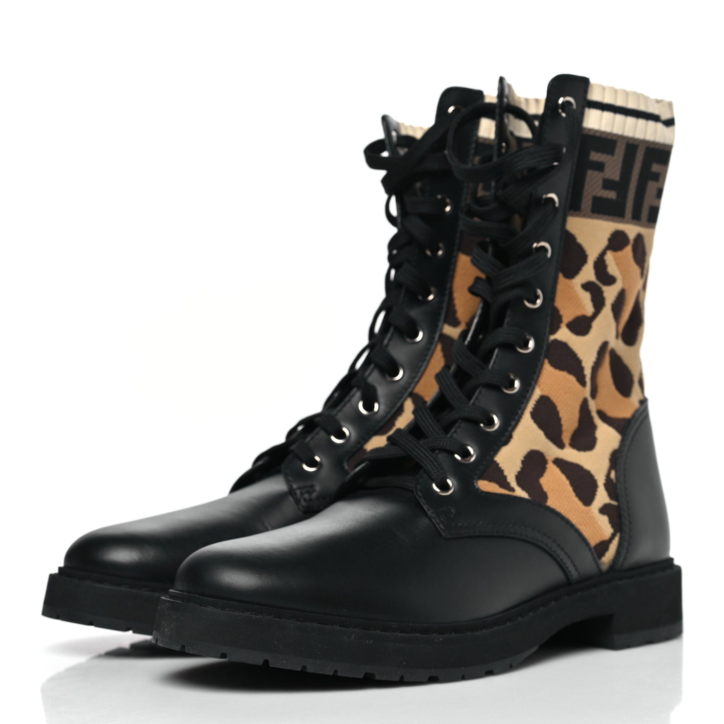 Calfskin Stretch Fabric FF Leopard Rockoko Biker Boots 39.5 Black