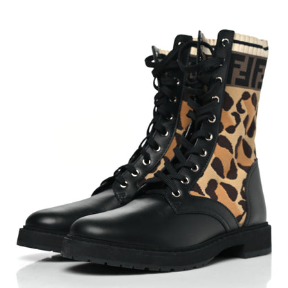 Fendi Calfskin Stretch Fabric FF Leopard Rockoko Biker Boots 39.5 Black 4 of 8