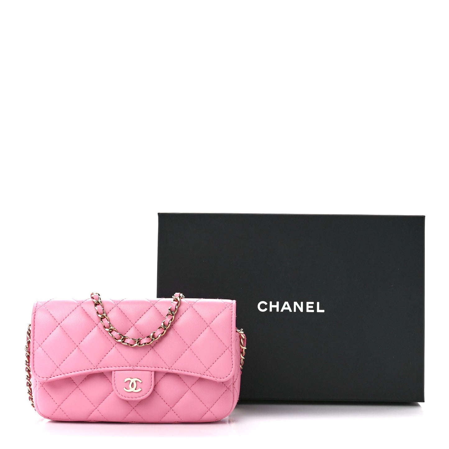 Lambskin Quilted Flap Phone Holder With Chain Pink