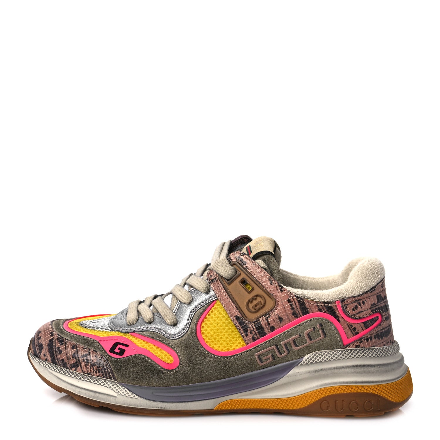 Gucci Suede Calfskin Tejus Printed Womens Ultrapace Sneakers 37.5 Pink Silver Oatmeal Yolk 1 of 11