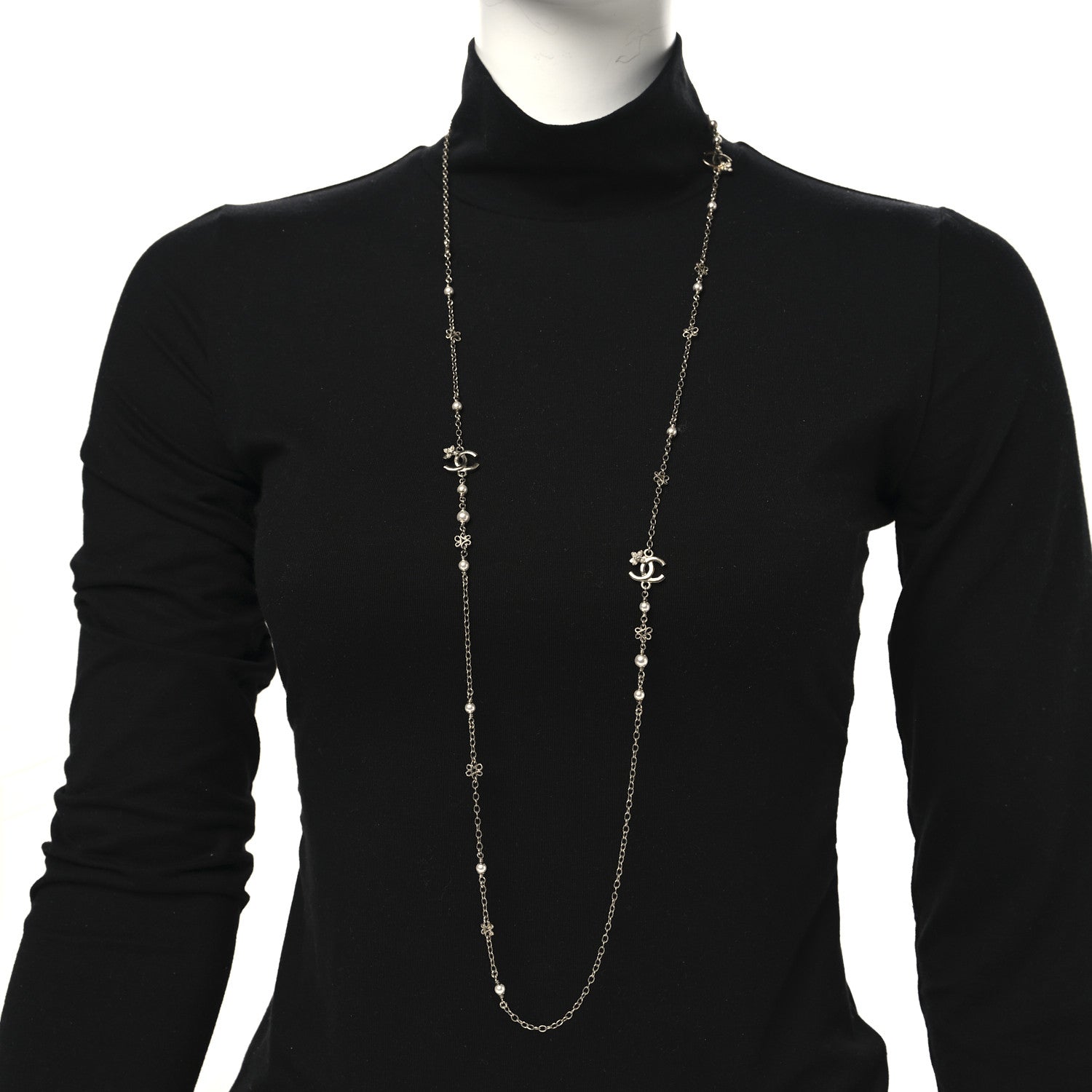 Chanel Crystal Pearl CC Flower Charms Long Necklace Light Gold 2 of 4