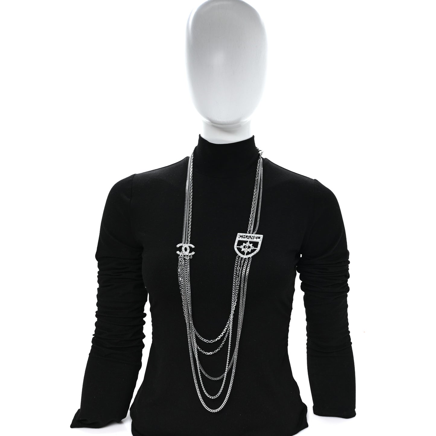 Baguette Crystal CC Shield Multi Strand Long Chain Necklace Silver