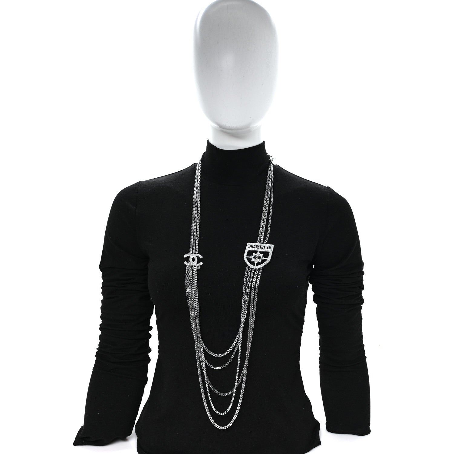 Chanel Baguette Crystal CC Shield Multi Strand Long Chain Necklace Silver 2 of 5