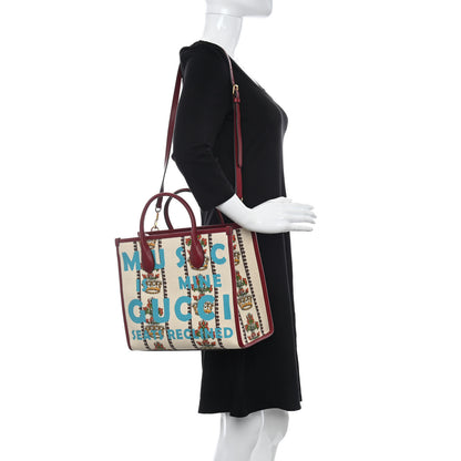 Gucci Canvas Jacquard Calfskin 100 Centennial Music Small Tote Bag Ivory Red 2 of 9