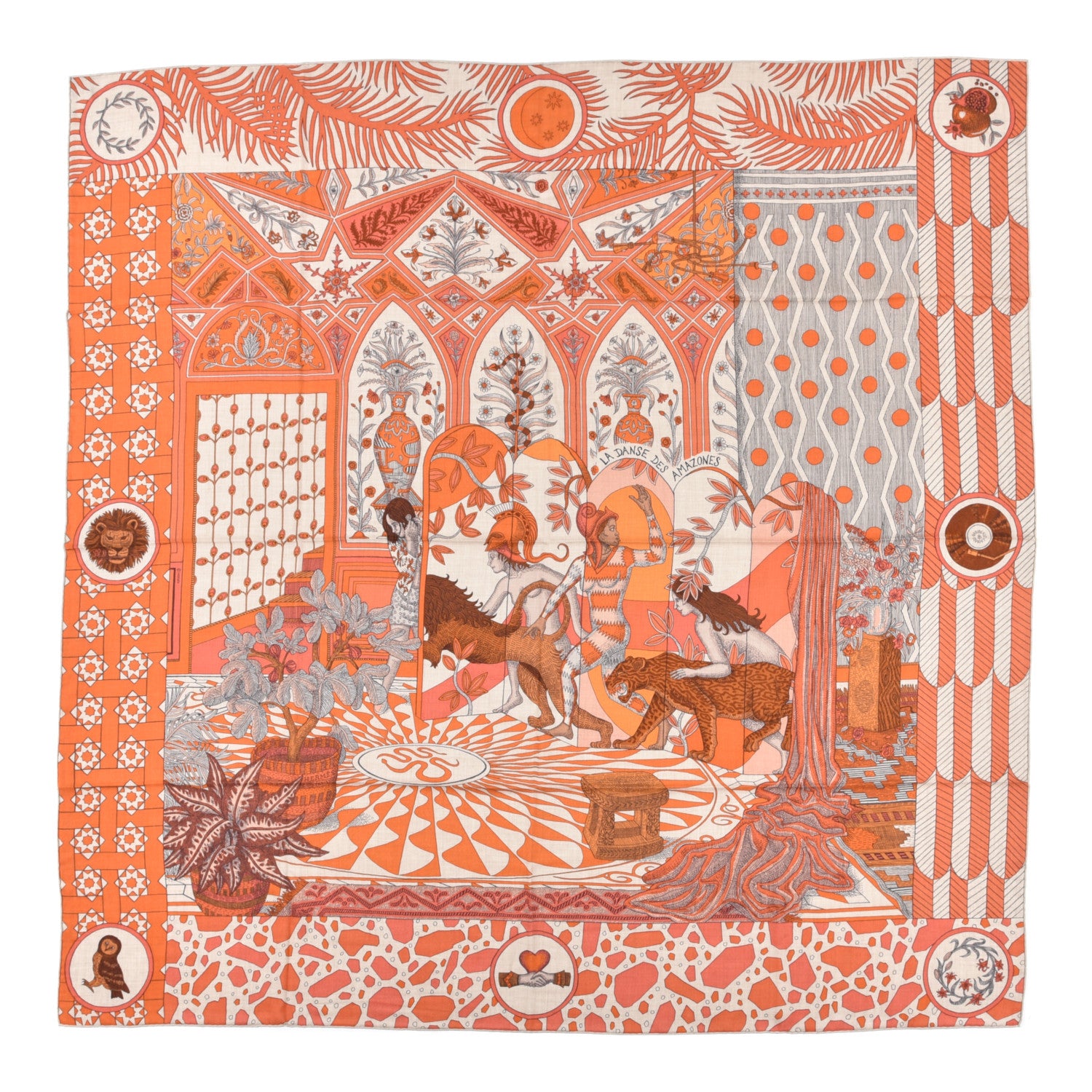 Hermes Cashmere Silk La Danse Des Amazones Shawl 140 Orange Natural Corail 1 of 6