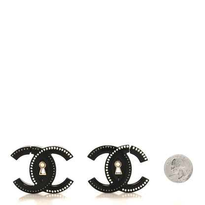 Chanel Metal Resin Crystal Pearl CC Hoop Earrings Gold Black 2 of 4