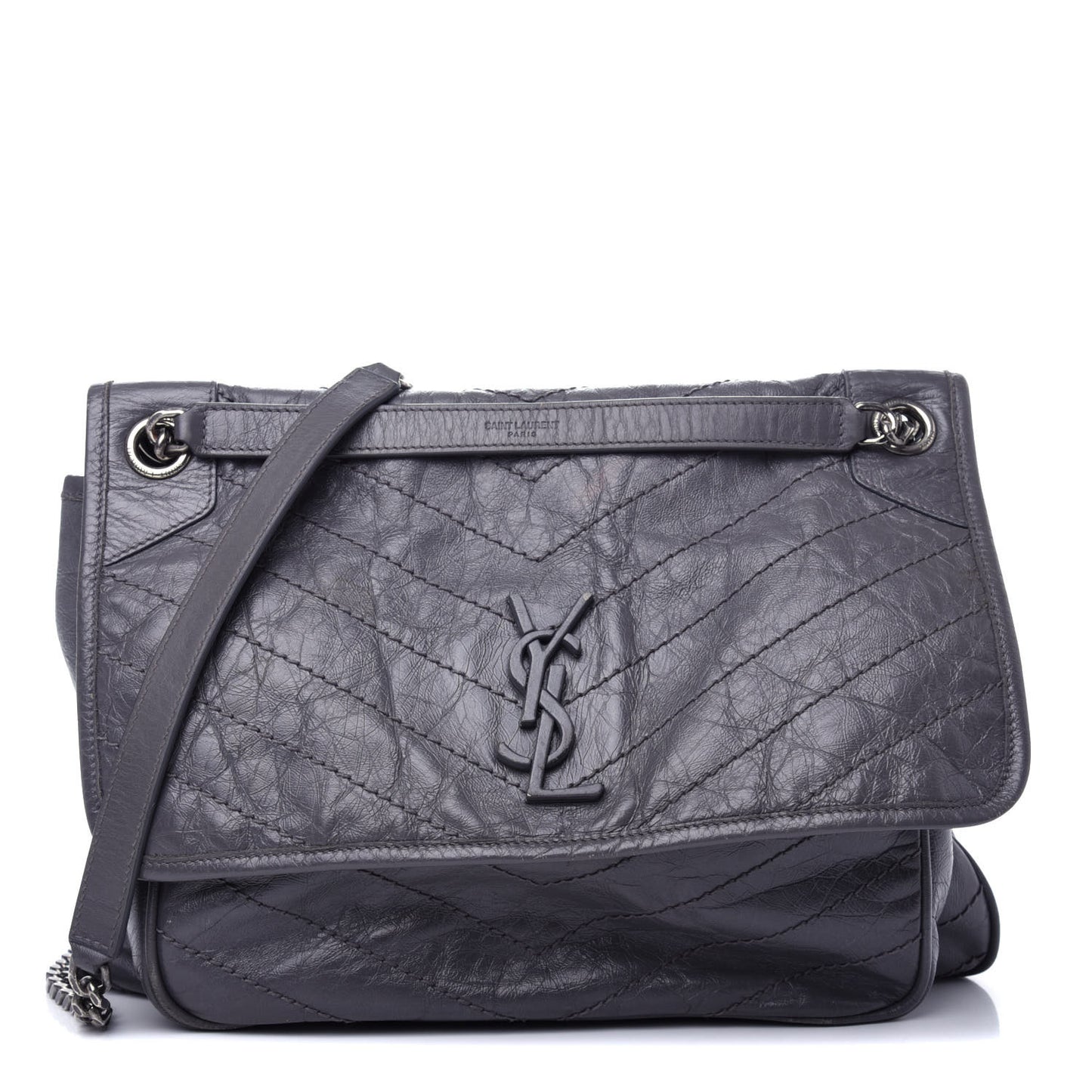 Crinkled Calfskin Matelasse Monogram Large Niki Chain Satchel Storm