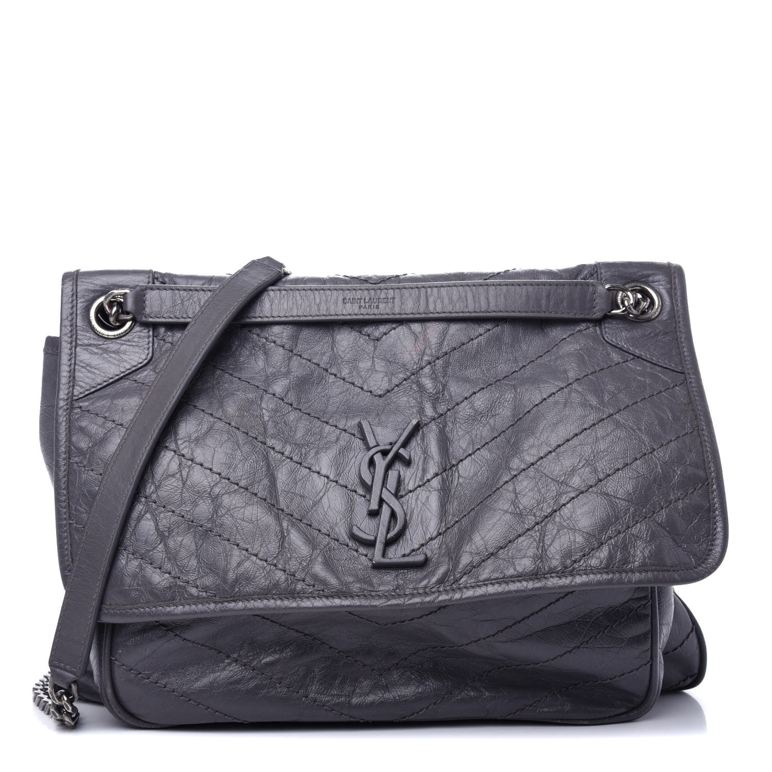 Saint Laurent Crinkled Calfskin Matelasse Monogram Large Niki Chain Satchel Storm 1 of 10