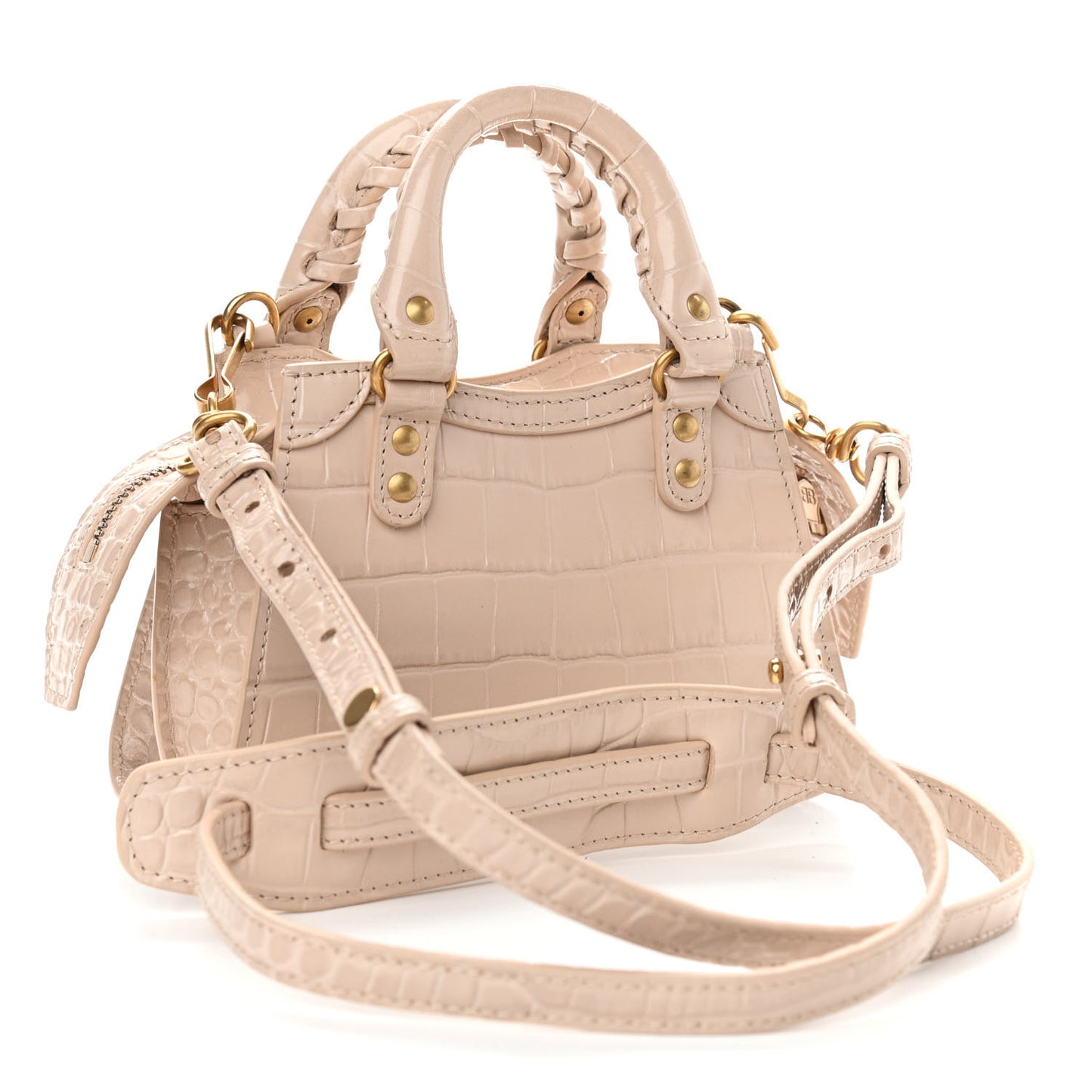 Shiny Supple Calfskin Crocodile Embossed Neo Classic Gold Hardware Nano City Crossbody Light Beige
