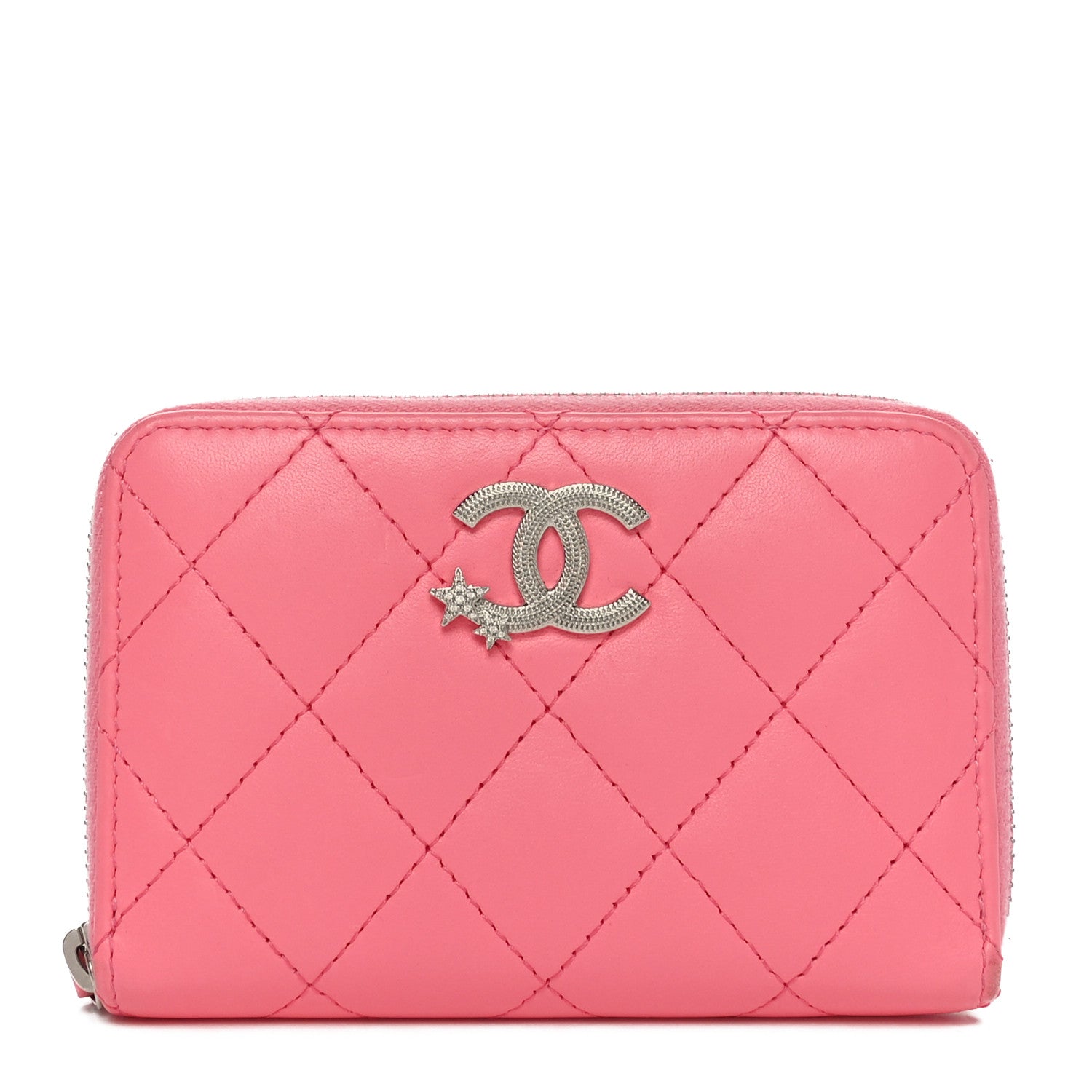 Chanel Lambskin Crystal Star Quilted Studded CC Zip Around Card Holder Wallet Pink 1 of 9