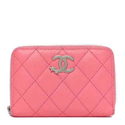 Chanel Lambskin Crystal Star Quilted Studded CC Zip Around Card Holder Wallet Pink 1 of 9