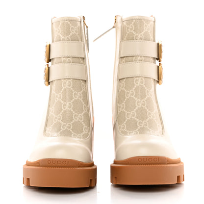 Gucci Kensington Calfskin Nappa GG Supreme Monogram Womens Double Buckle Ankle Boots 36.5 Mystic White Beige 2 of 11
