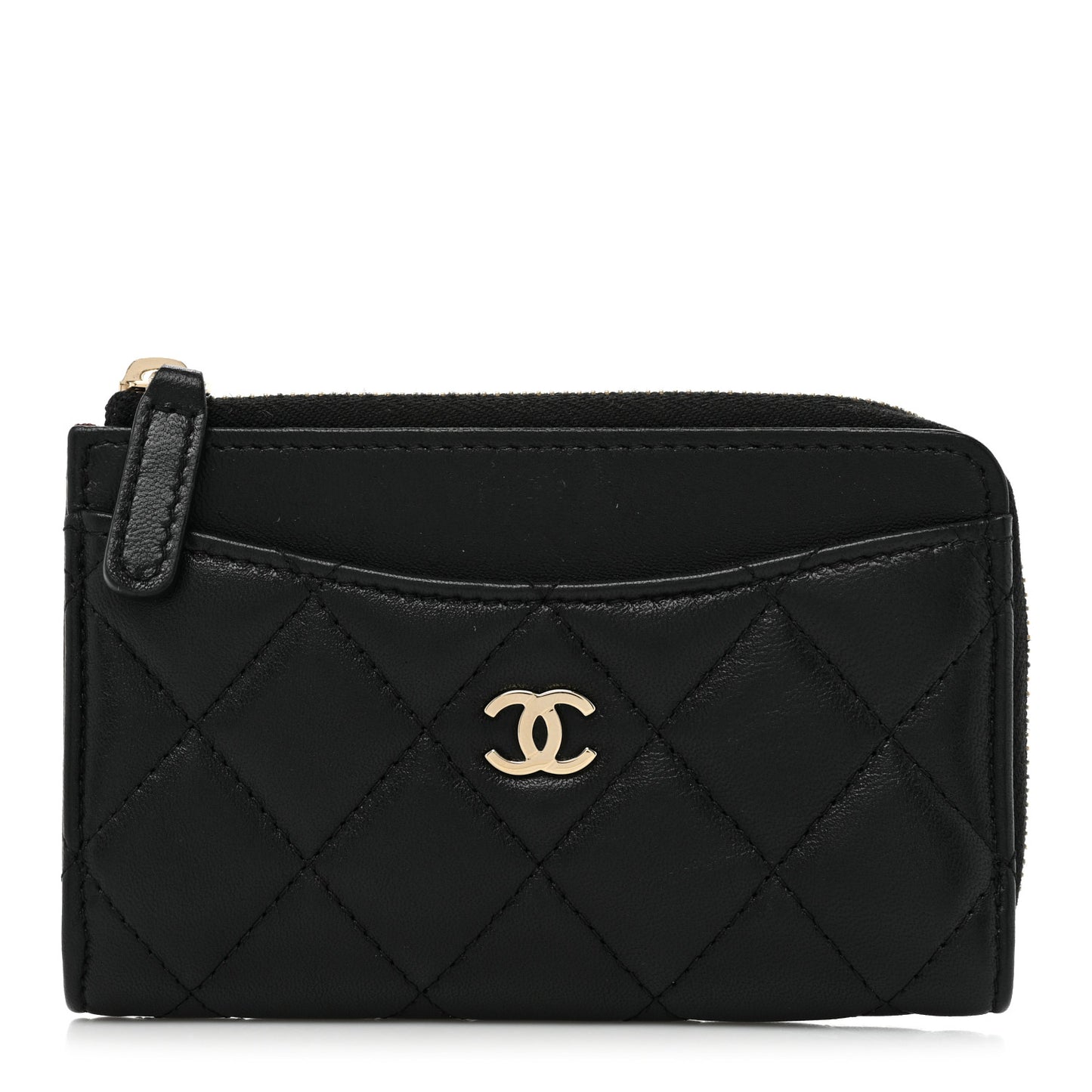 Lambskin Quilted Zip Card Holder Black