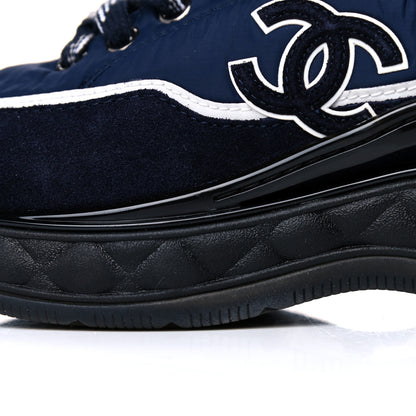 Chanel Fabric Calfskin Suede Womens CC Sneakers 37 Navy 12 of 13