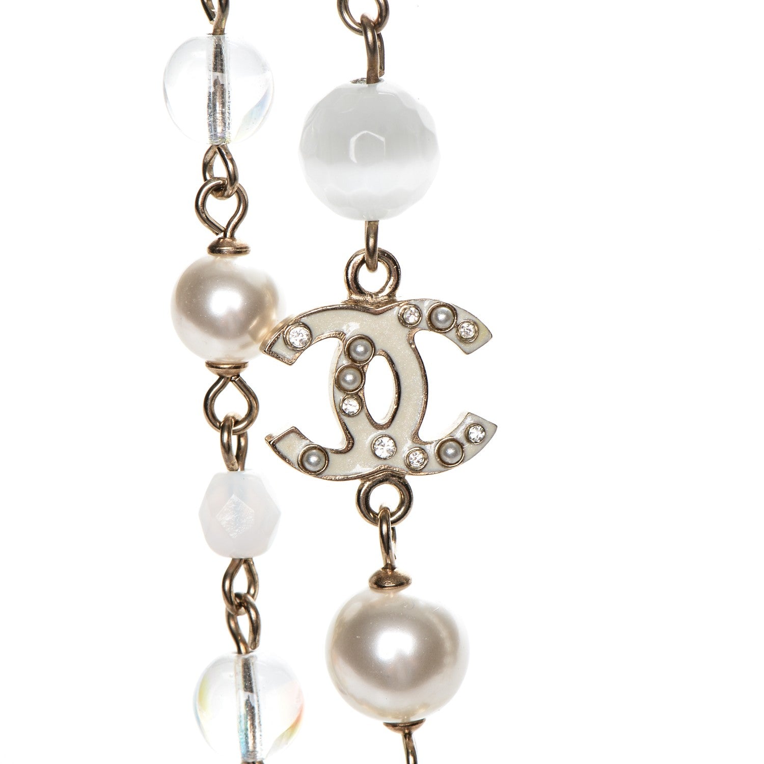 Chanel Pearl Crystal CC Beaded Lucky Charms Long Necklace Silver 3 of 6