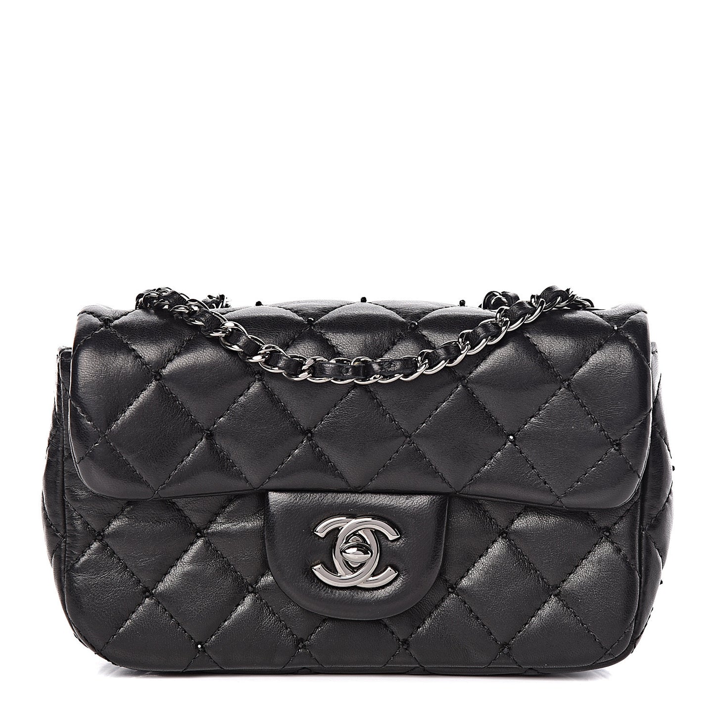 Lambskin Beaded Quilted Extra Mini Square Flap Black
