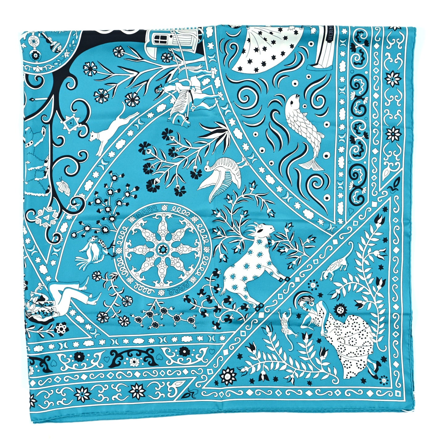 Silk Peuple Du Vent Bandana Scarf 140 Turquoise Black White