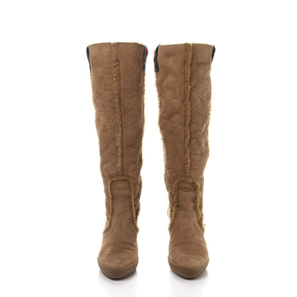 Gucci Suede Shearling Fur Microguccissima Courtney Tall Wedge Boots 5.5 Beige 2 of 6