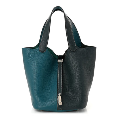 Hermes Taurillon Clemence Casaque Picotin Lock 22 MM Vert Bosphore Deep Bleu 1 of 11