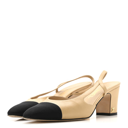 Chanel Goatskin Grosgrain Cap Toe CC Slingback Pumps 38.5 Beige Black 4 of 13