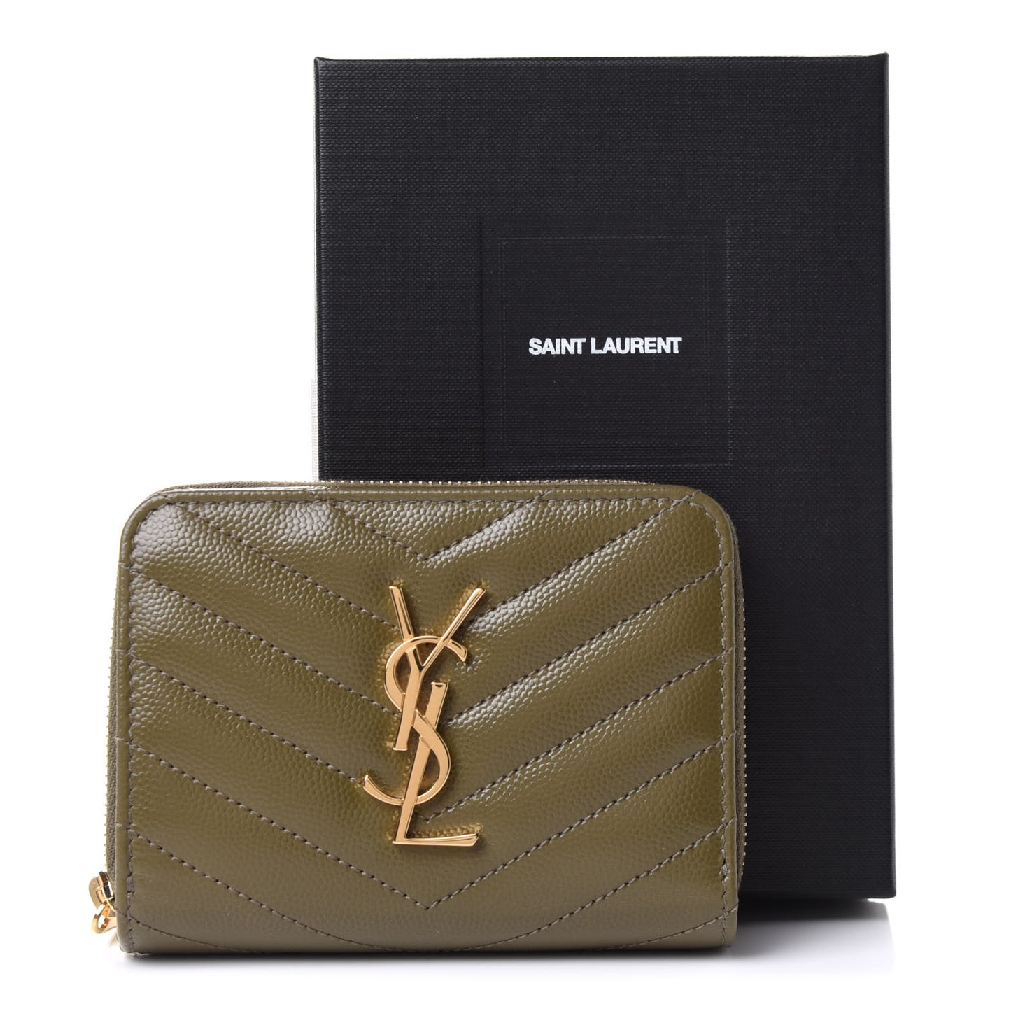Grain De Poudre Matelasse Chevron Monogram Compact Zip Around Wallet Vert Kaki