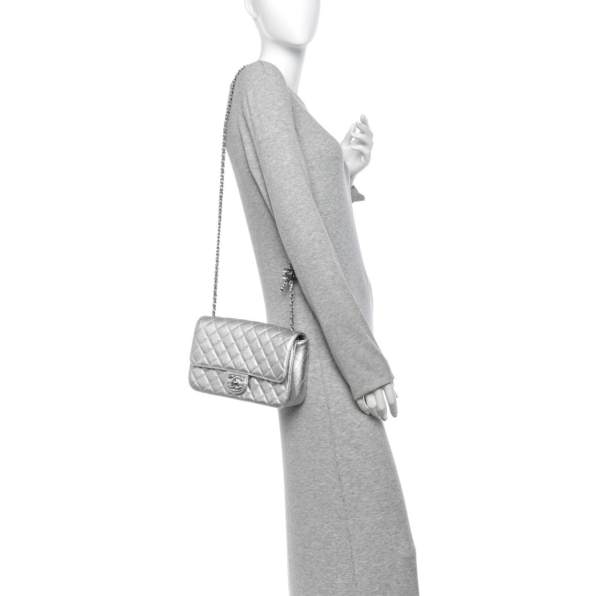 Metallic Caviar Quilted Medium CC Slide Flap Silver