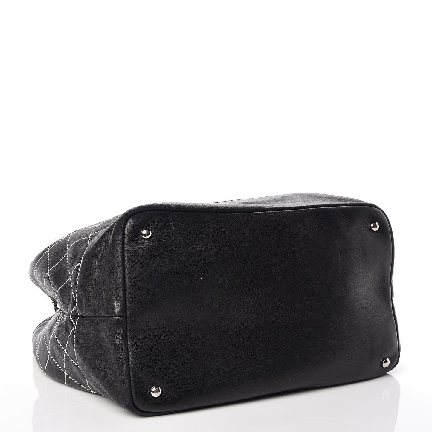 Lambskin Contrast Stitch Large Drawstring Tote Black