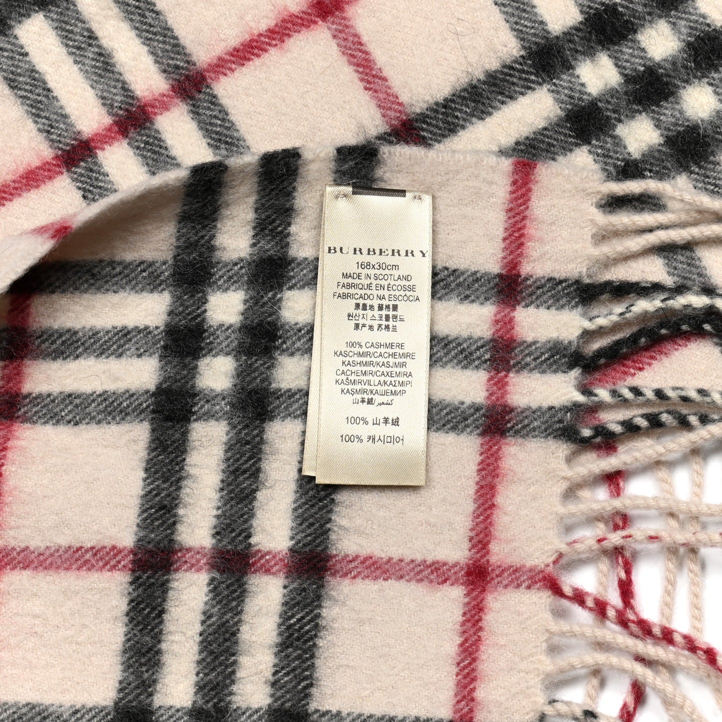 Cashmere Vintage Check Fringe Scarf Beige