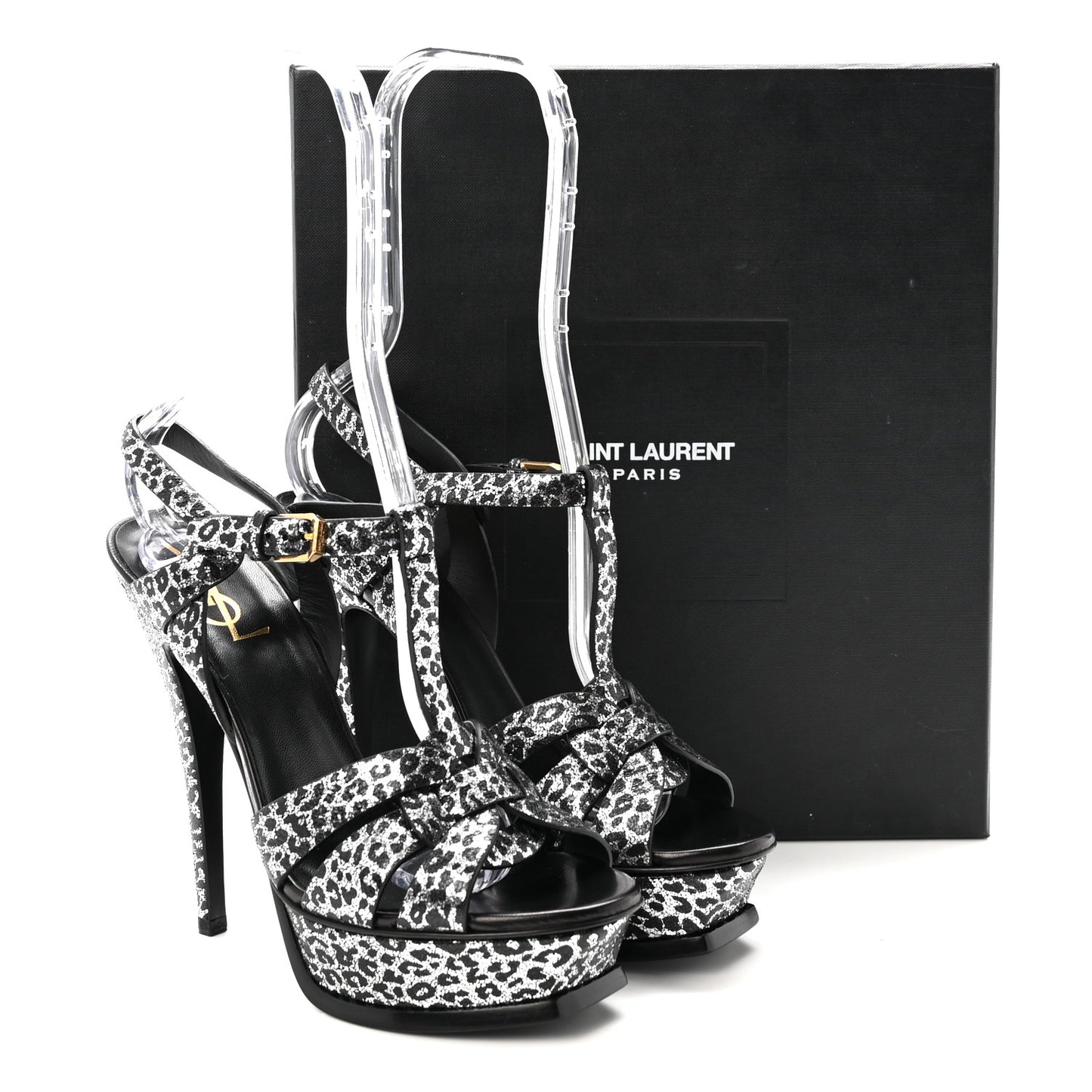 Metallic Calfskin Leopard Print Tribute 105 Platform Sandals 36.5  Black Silver
