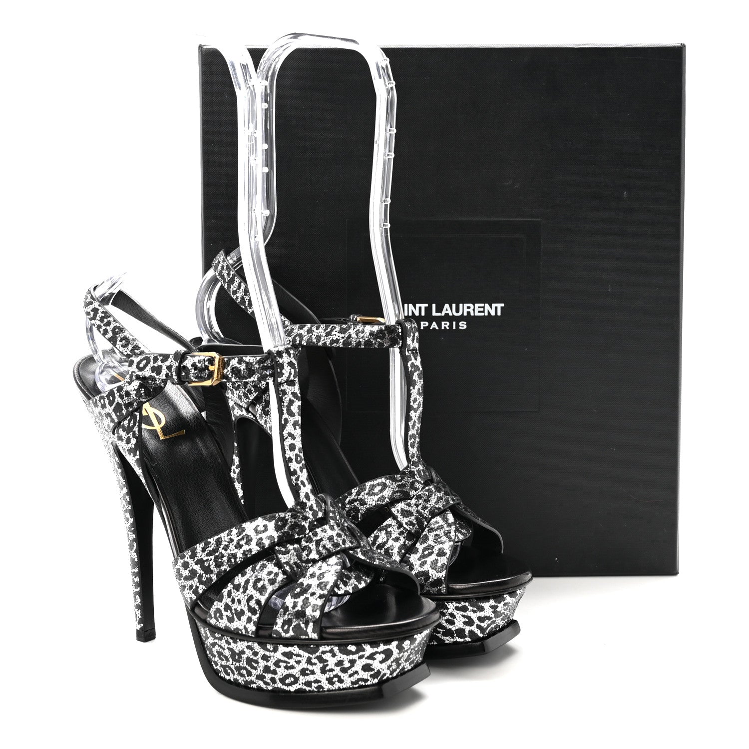Saint Laurent Metallic Calfskin Leopard Print Tribute 105 Platform Sandals 36.5  Black Silver 10 of 10