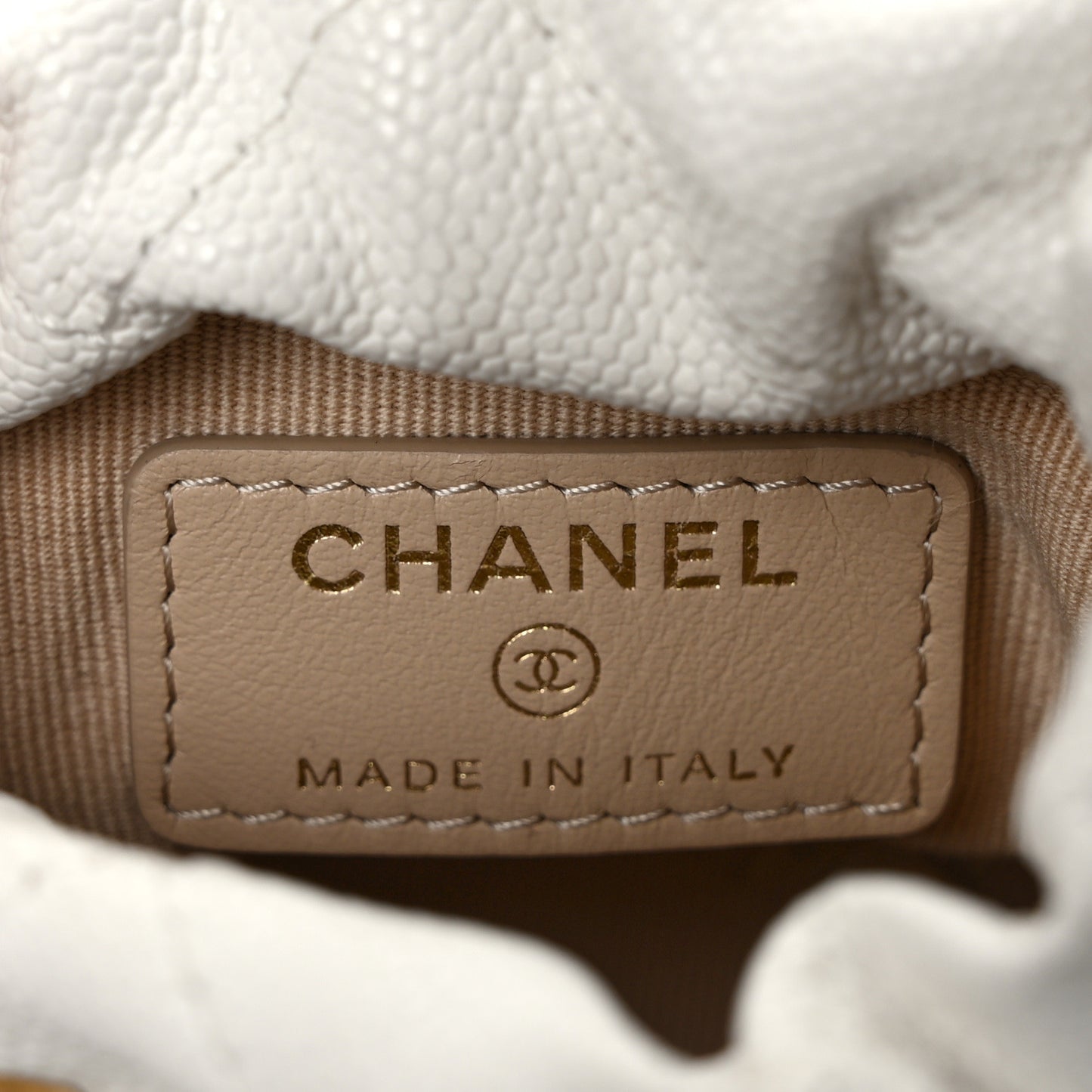 Caviar Quilted Twist Your Buttons Mini Bucket Bag White